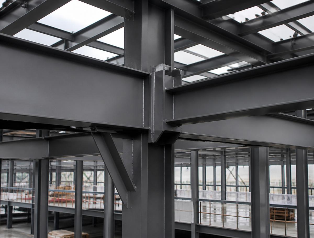 Freshly coated structural steelwork on a commercial project